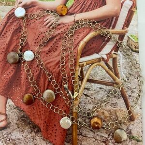 Unique gold tone delicate chain necklace small earth tone opalescent coins 825